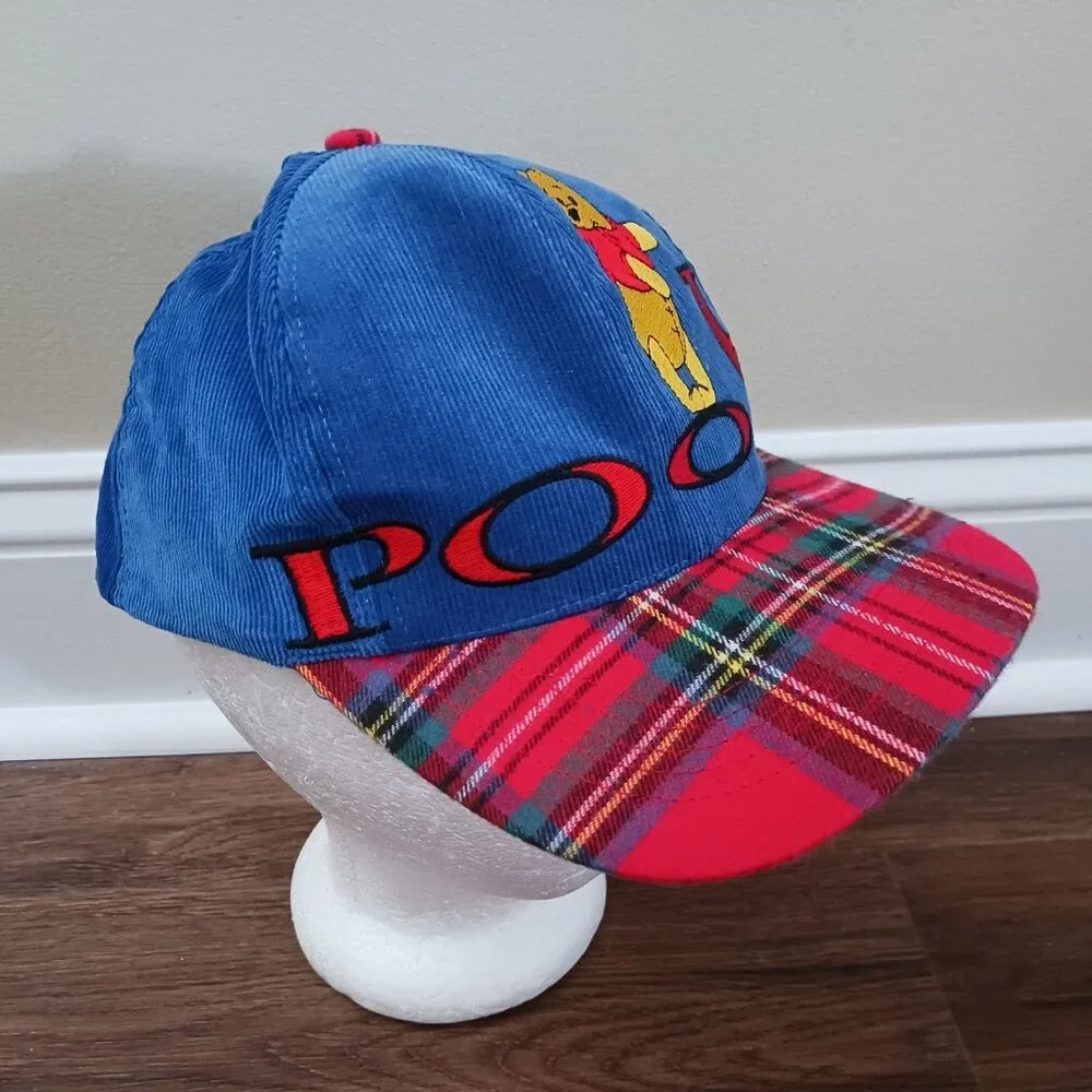 Vintage Youth Winnie Pooh Embroidered Strapback Corduroy Plaid‎ Cap Hat